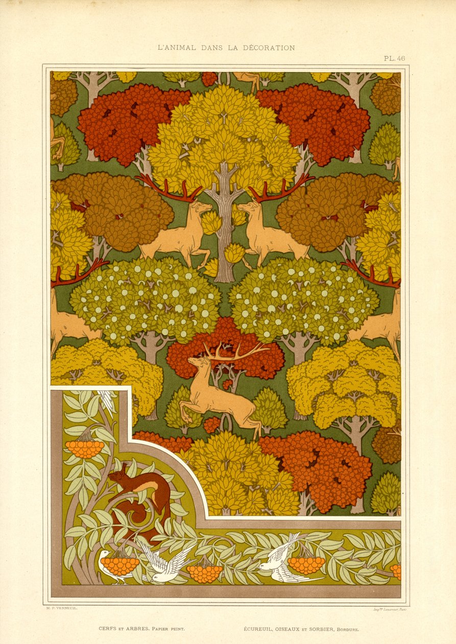Decorative Forest Pattern with Deer and Trees by Maurice Pillard Verneuil
