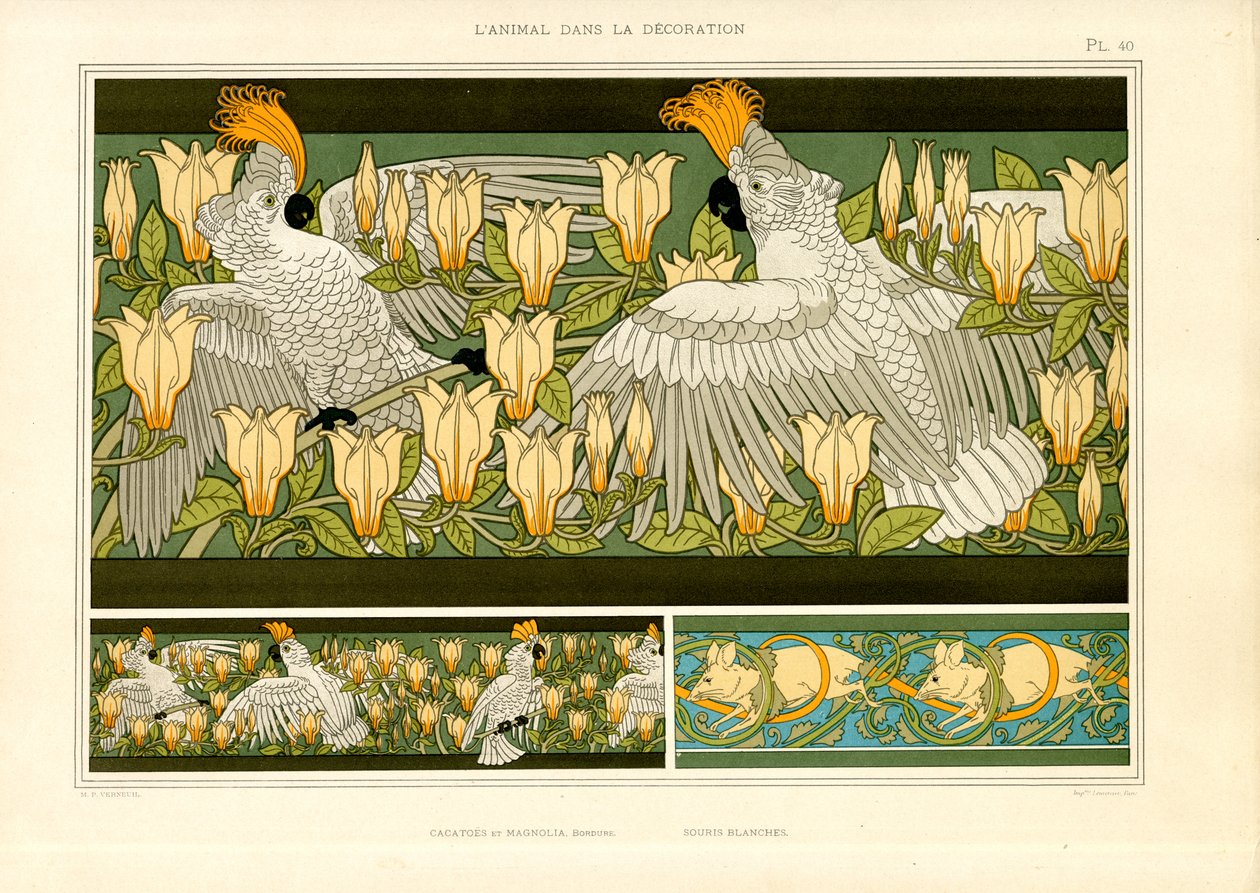 Decorative Friezes with Cockatoos, Magnolias and Mice by Maurice Pillard Verneuil