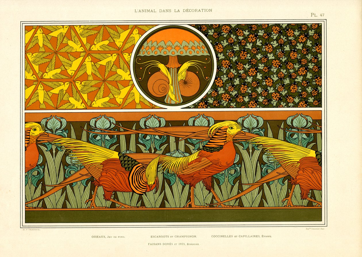Decorative Ornamental Patterns with Pheasants, Birds and Ladybugs by Maurice Pillard Verneuil