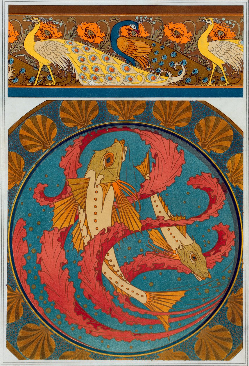 Designs for Peacock and Poppy Border, pub. 1897 by Maurice Pillard Verneuil