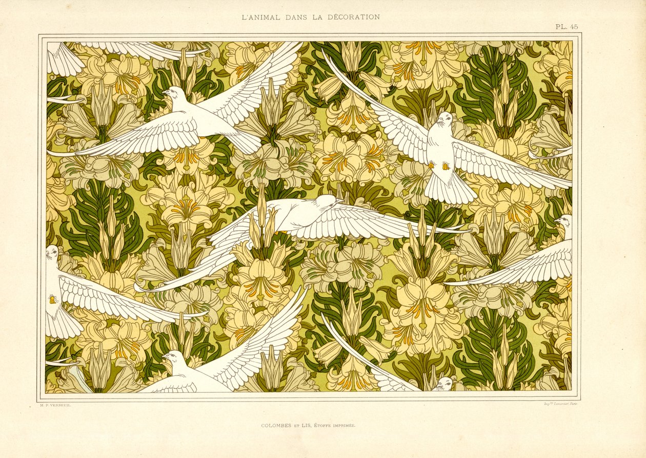 Textile Pattern with White Doves and Lilies by Maurice Pillard Verneuil