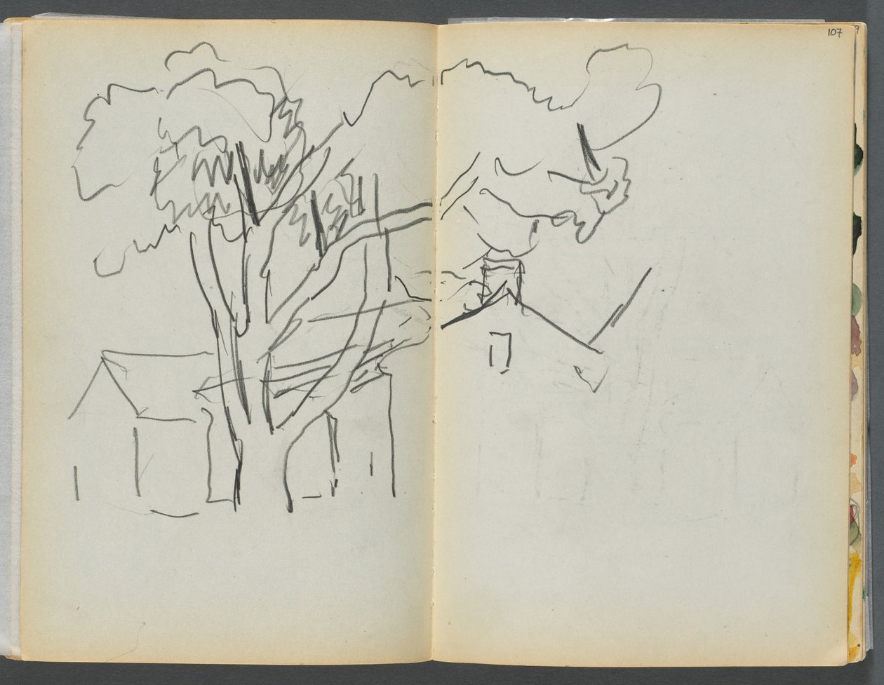 Sketchbook- The Granite Shore Hotel, Rockport: Tree with Houses by Maurice Prendergast