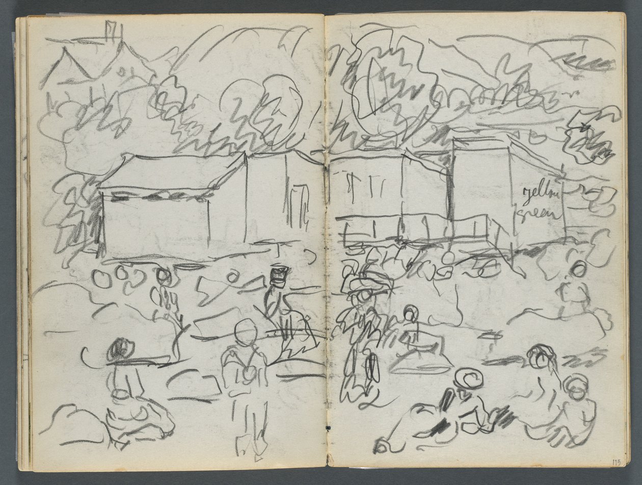 Sketchbook, The Dells, No. 127, page 114 & 115: Landscape with Figures and Buildings by Maurice Prendergast