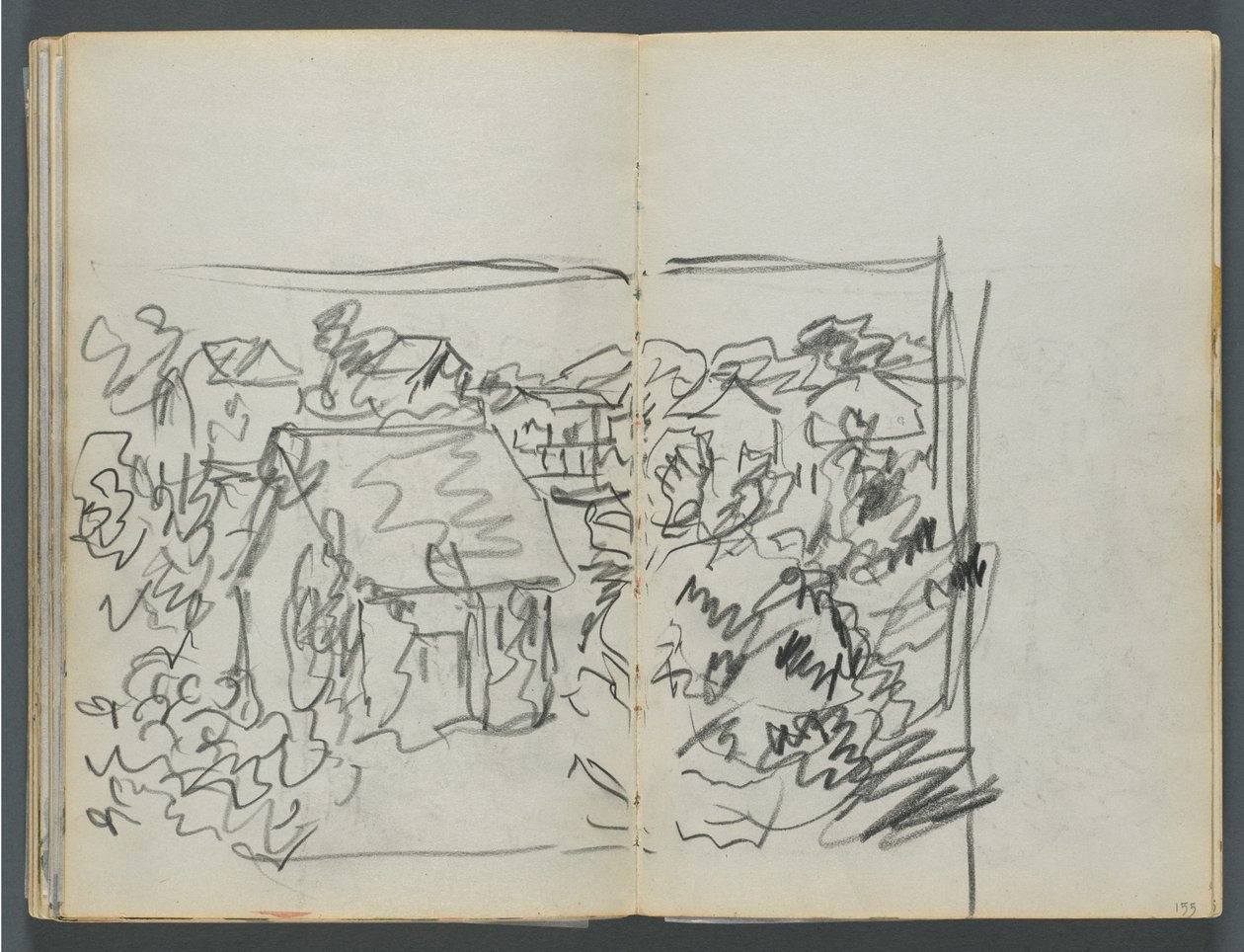 Sketchbook, The Dells, No. 127, page 154 & 155: Landscape with Houses by Maurice Prendergast
