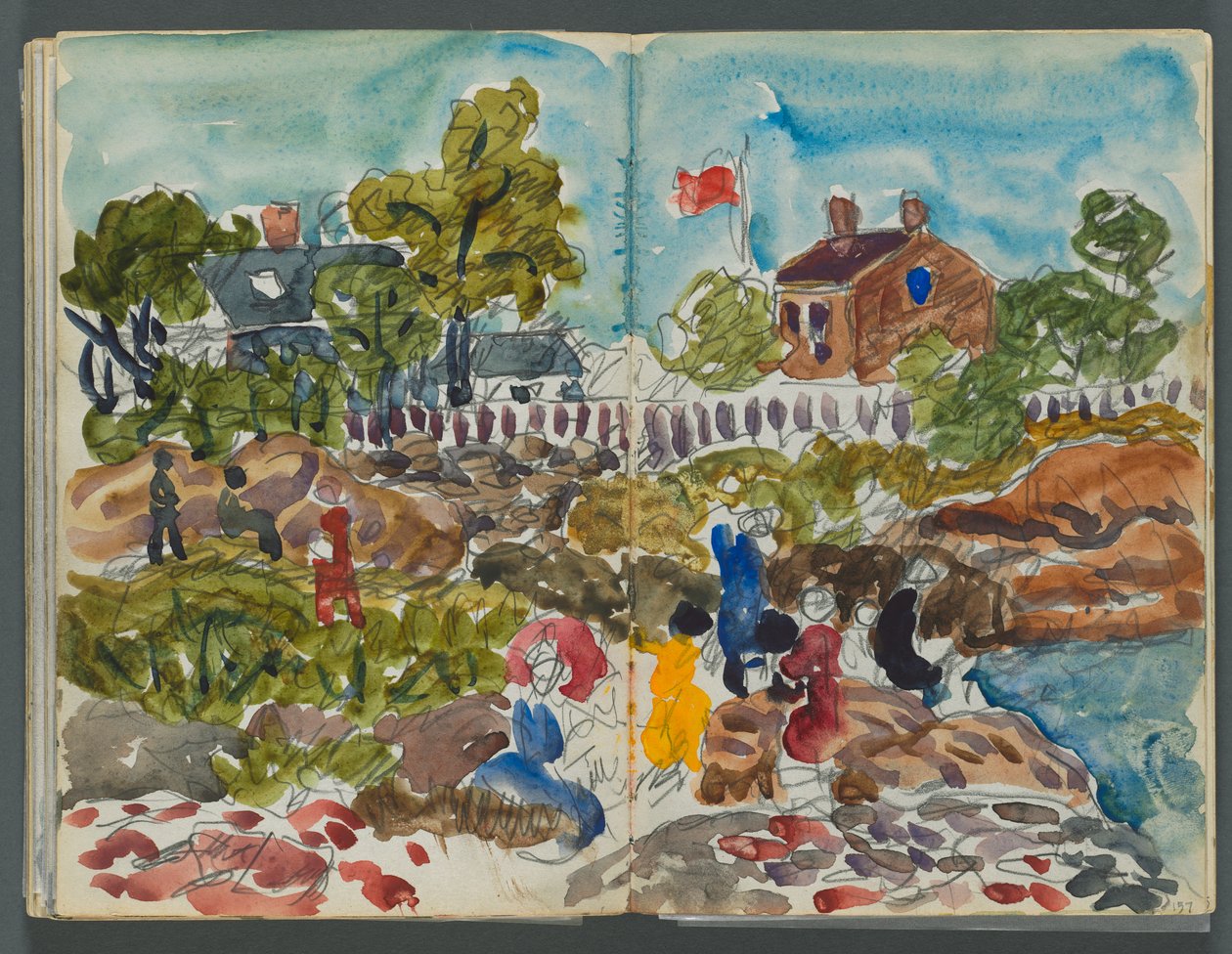 Sketchbook, The Dells, No. 127, page 156 & 157: Coastal Landscape with Figures by Maurice Prendergast