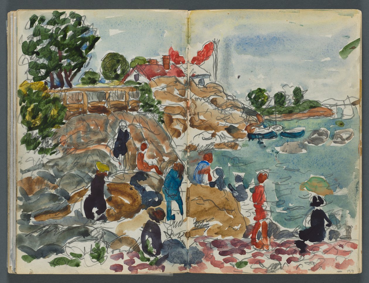 Sketchbook, The Dells, No. 127, page 158 & 159: Coastal Landscape with Figures by Maurice Prendergast