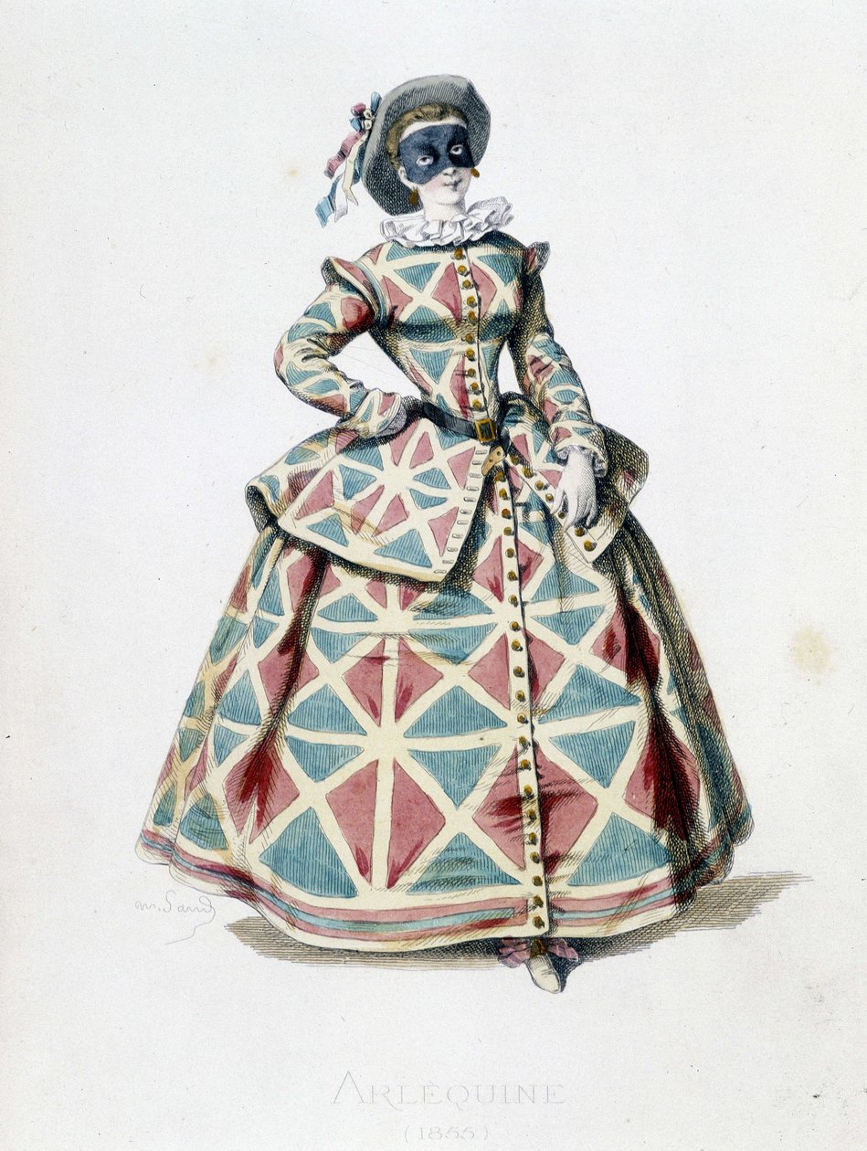 Harlequin costume and mask in 1855, female character of Harlequin in the commedia dell