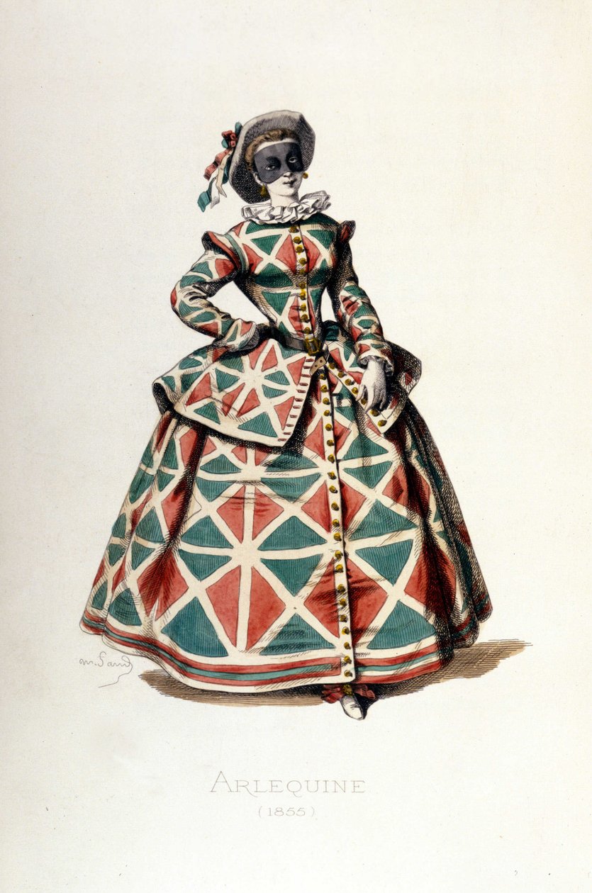 Harlequin costume and mask in 1855, female character of Harlequin in the commedia dell