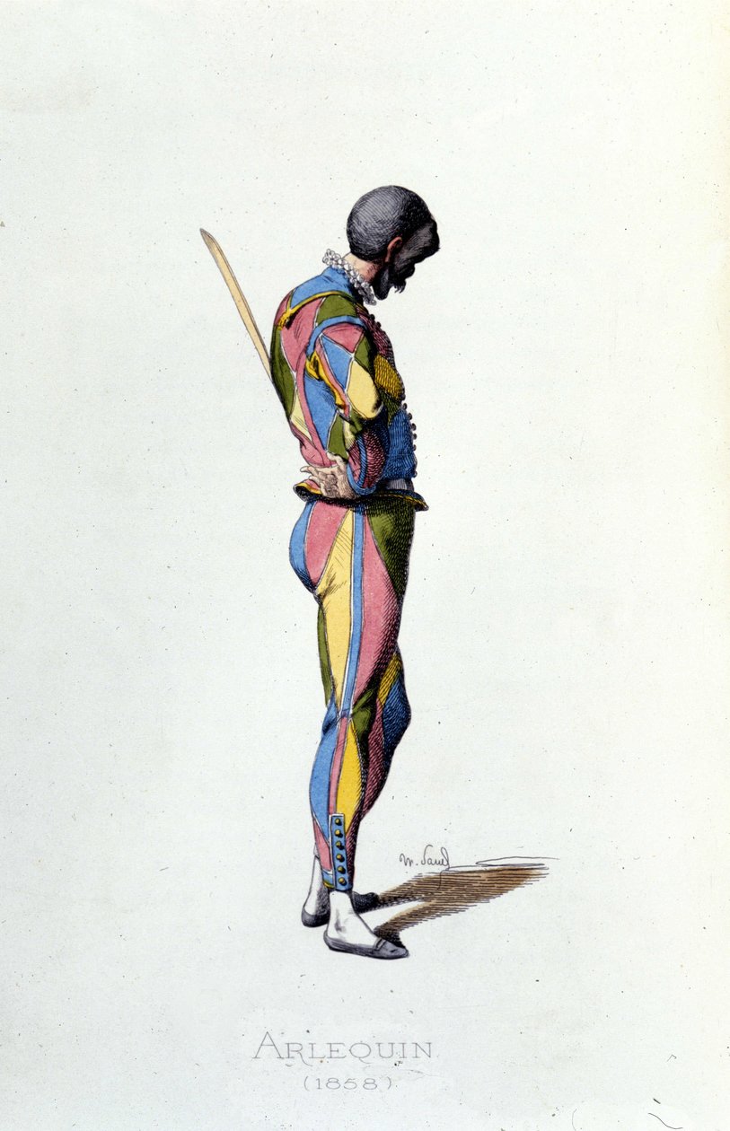 Harlequin in 1858. Maurice Sand "Masks and Jesters" Paris 19th century by Maurice Sand