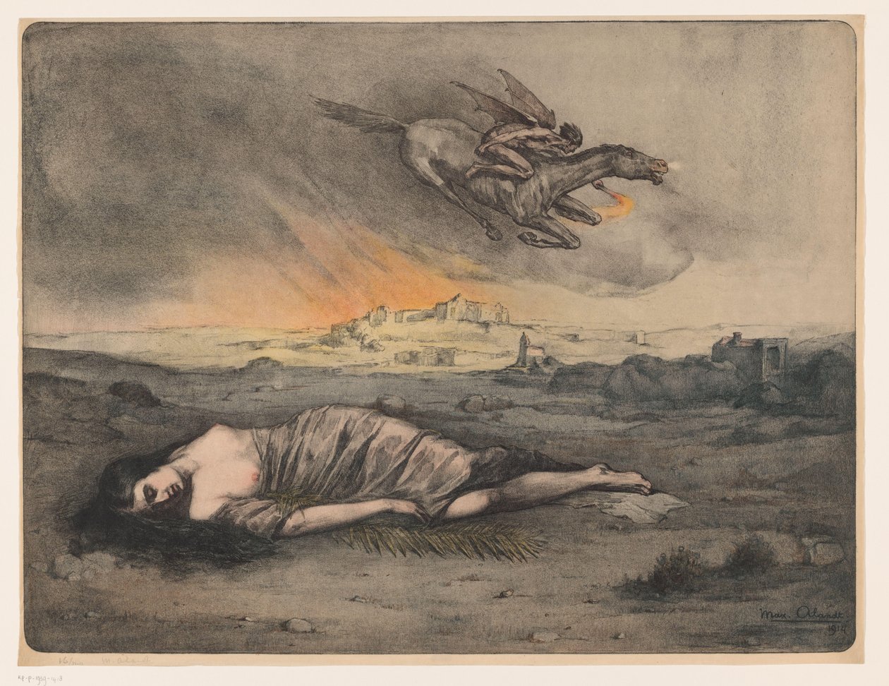 Reclining Woman and Flying Rider with Torch by Max Alexander Alandt (signed by artist)