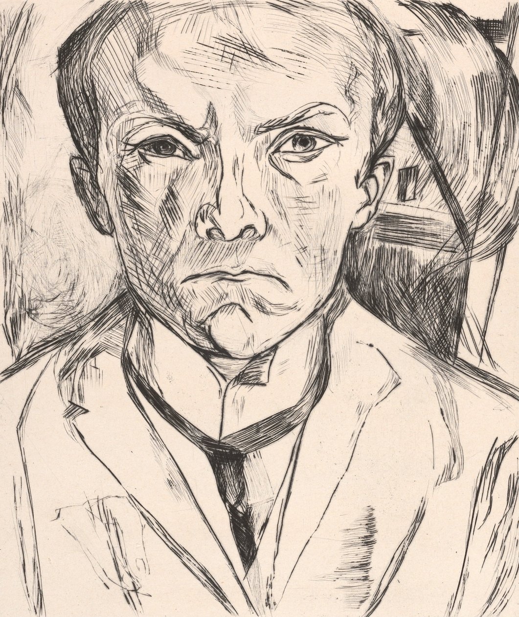 Frontal Self-Portrait with House Gable in Background by Max Beckmann