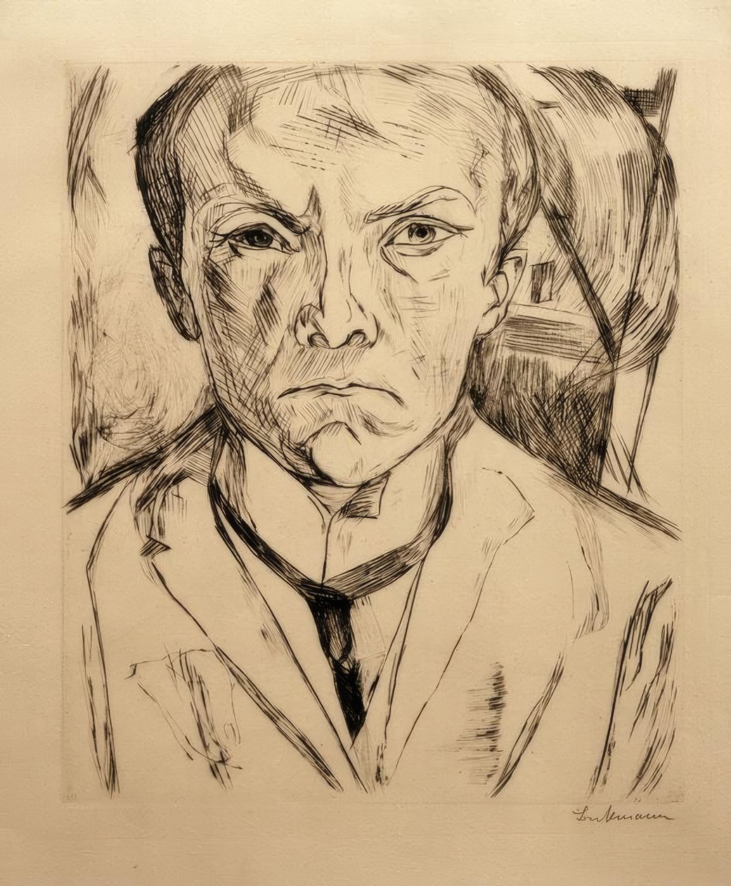 Self-Portrait from the Front, House Gable in the Background by Max Beckmann