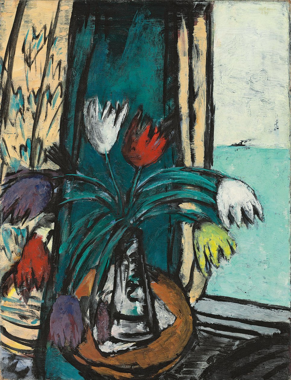 Still Life with Tulips and Sea View by Max Beckmann