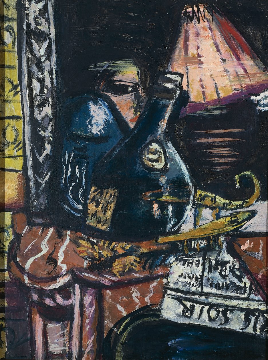 Still life with lopsided schnapps bottle and Buddha by Max Beckmann