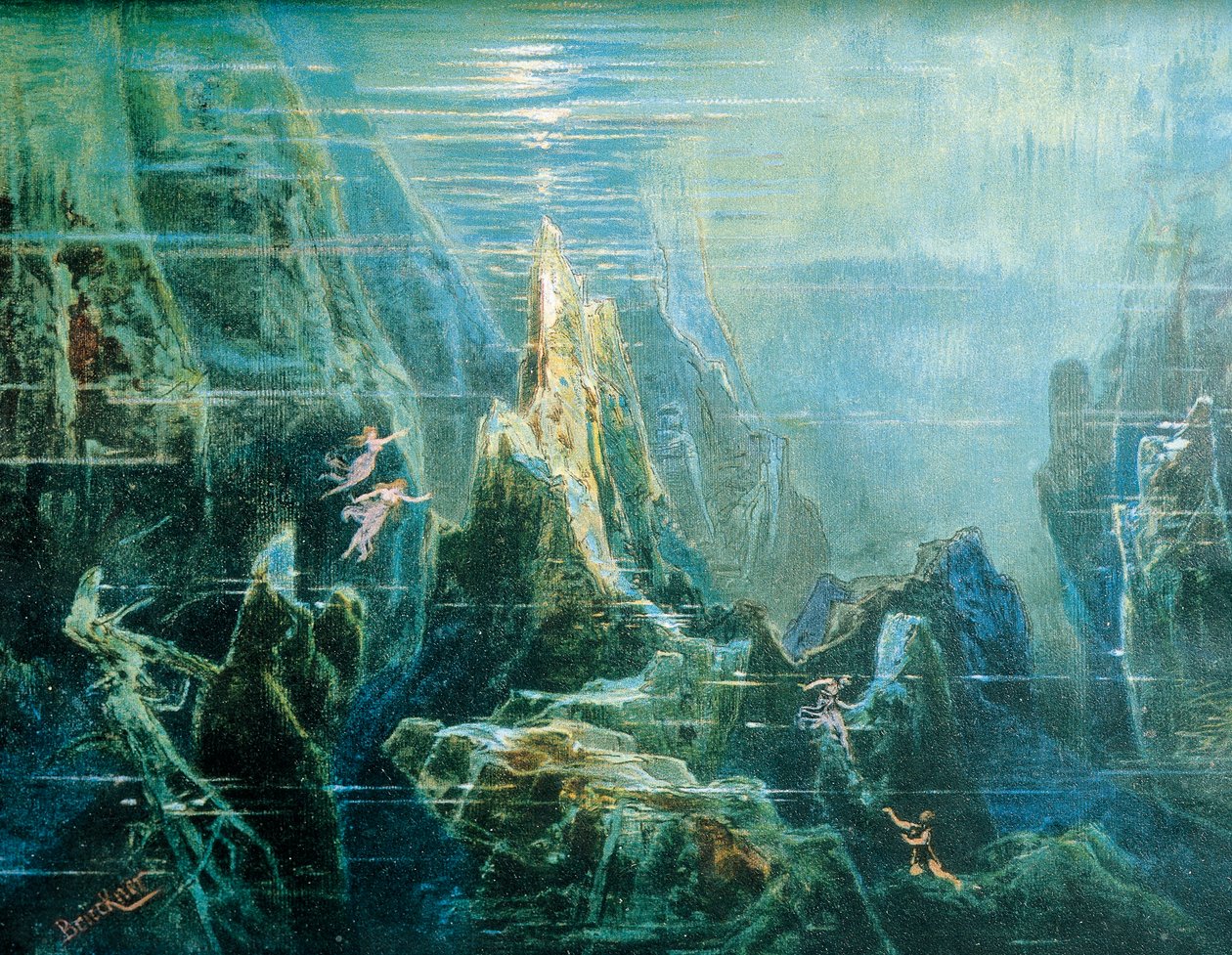 Set design for performance The Ring of the Nibelung - The Rhinegold by Richard Wagner, the Rhine daughters, Bayreuth by Max Bruckner