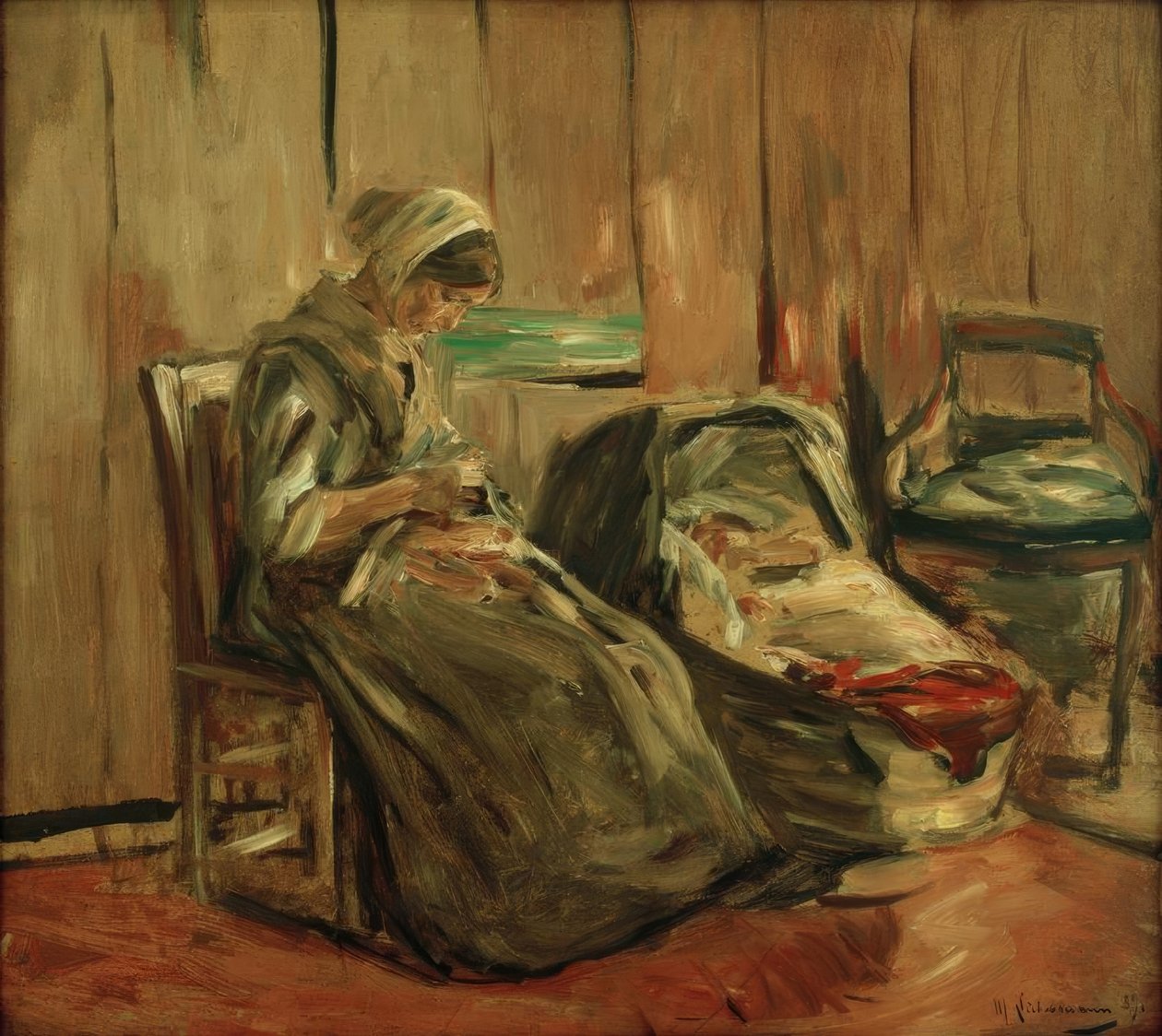 Interior with Sewing Woman by Max Liebermann