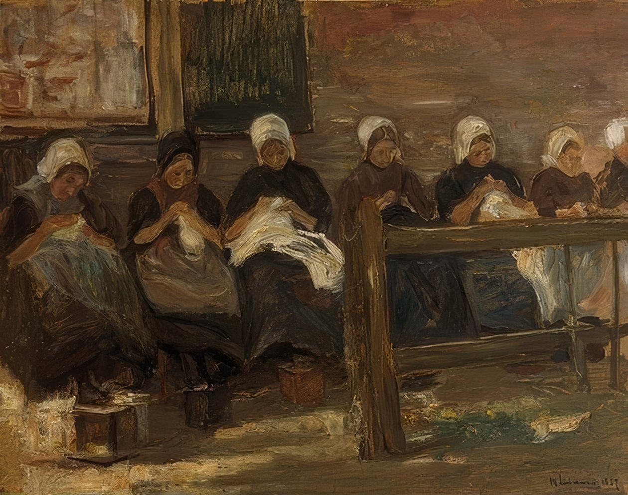 Sewing Girls in Huyzen - Study with Seven Figures by Max Liebermann