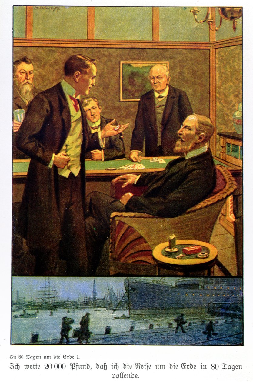 Phileas Fogg takes the bet at the Reform Club that he can travel round the world in 80 days, illustration from an edition published in Berlin by Max Wulff