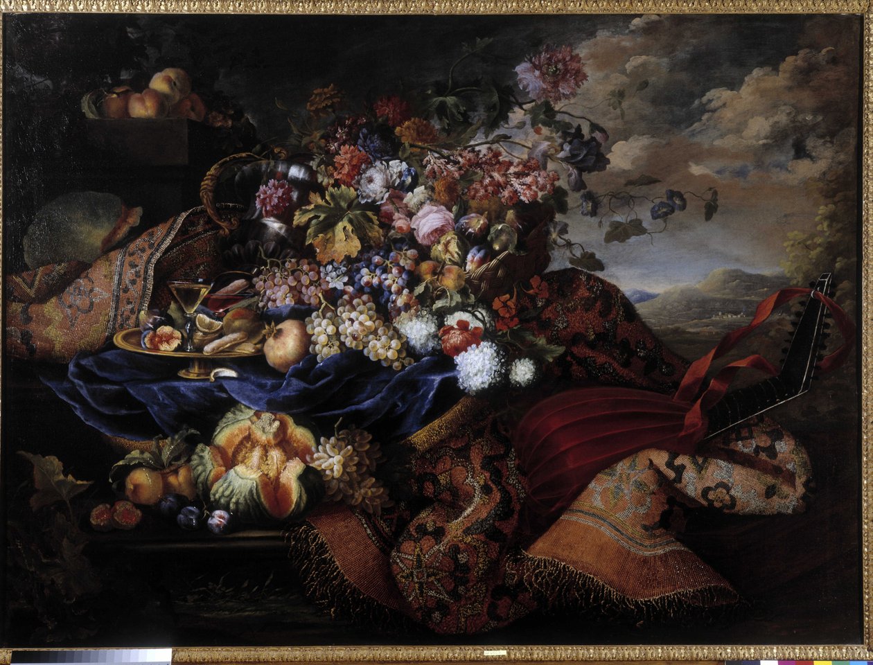 Fruit Basket, Flowers and Lute on Carpet by Maximilian Pfeiler or Pfeiller
