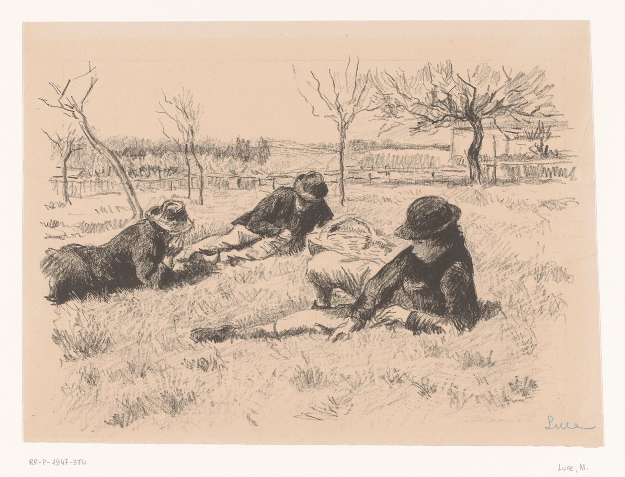 Three Men Resting in a Meadow by Maximilien Luce (signed by artist)