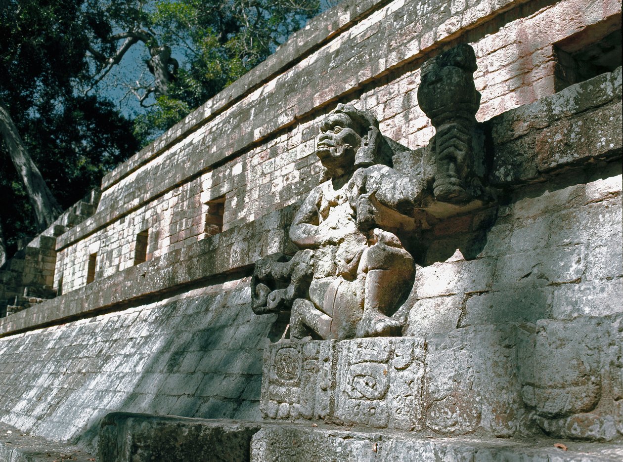 View of the wall of the Acropolis with sculptures of rulers of Copan, classic period 7th-8th century by Mayan