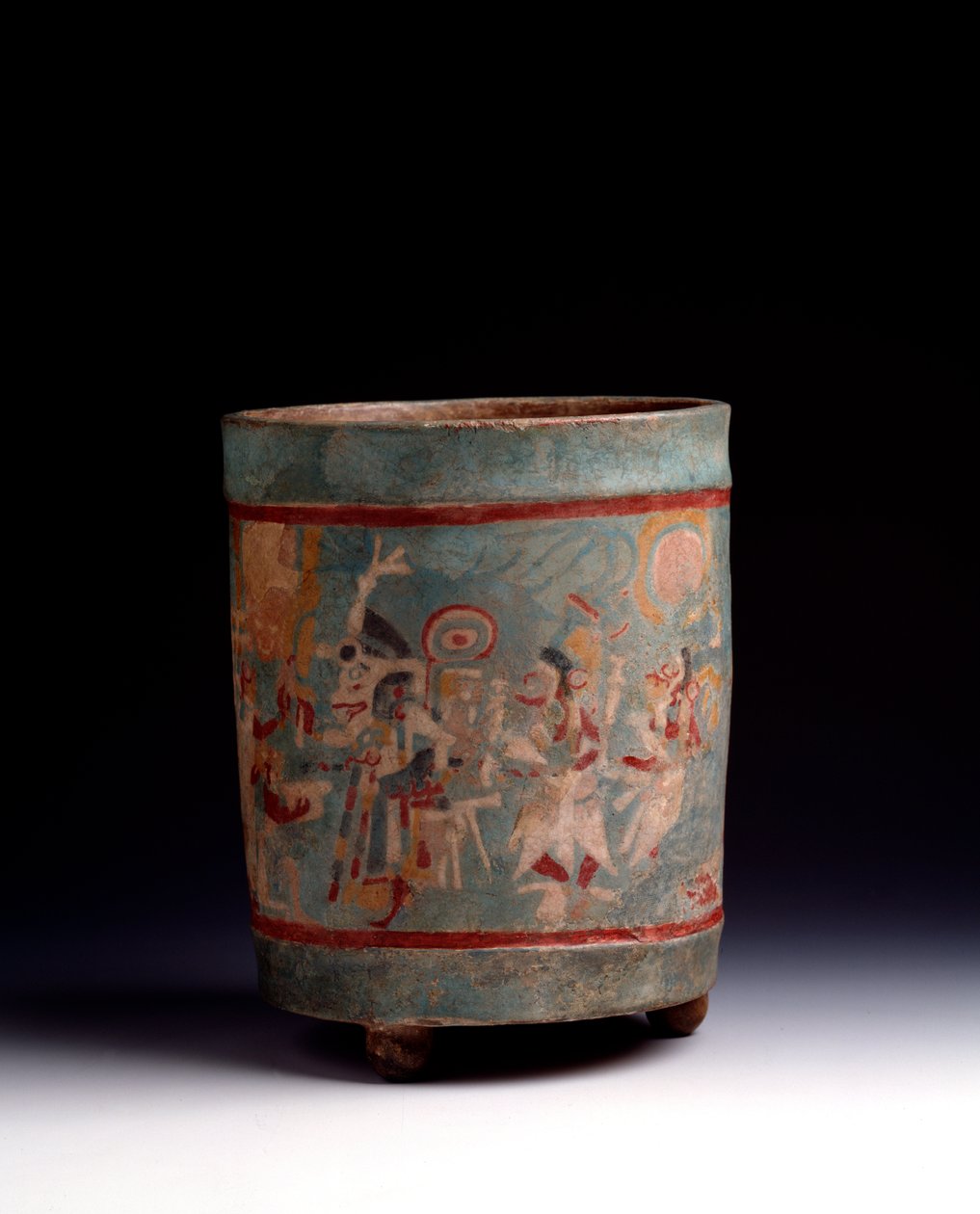 Pre-Columbian Art, Mayan Civilization, Classical Period: Cylindrical Vase in Polychrome Clay Decorated with a Ceremonial Scene with Characters in Procession. From La Lagunita, Quiche, Guatemala. Guatemala, Museo Nazionale di Archeologia by Mayan Mayan