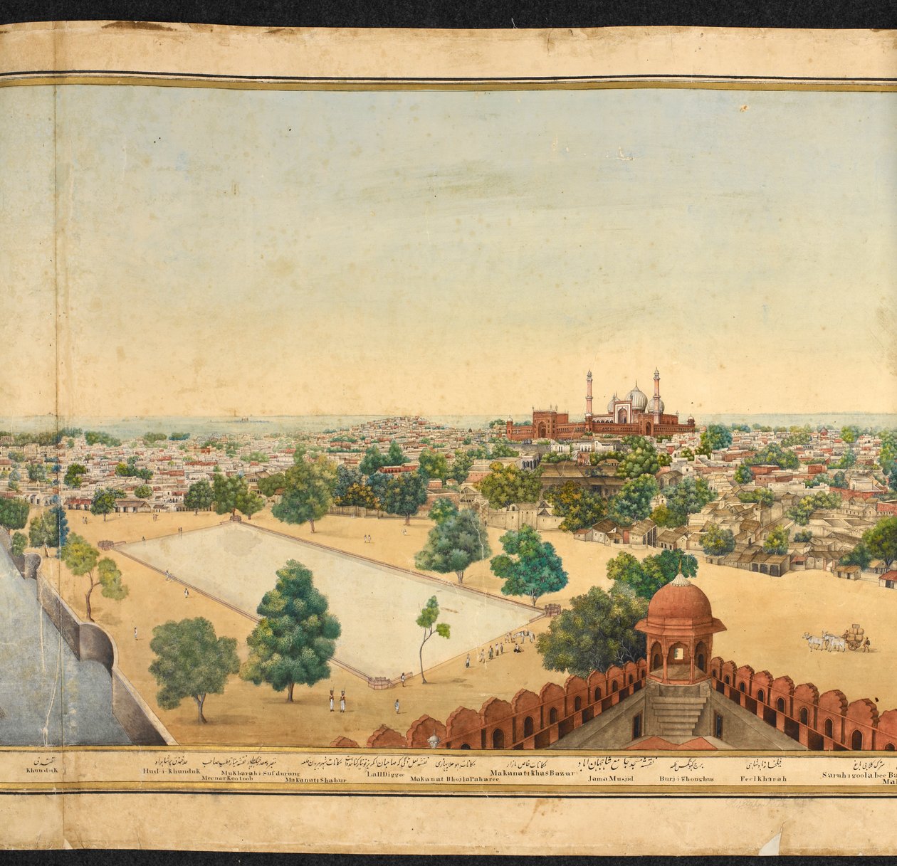 Section of a panorama of Delhi, showing the Jama Masjid by Mazar or Mazhar Ali Khan