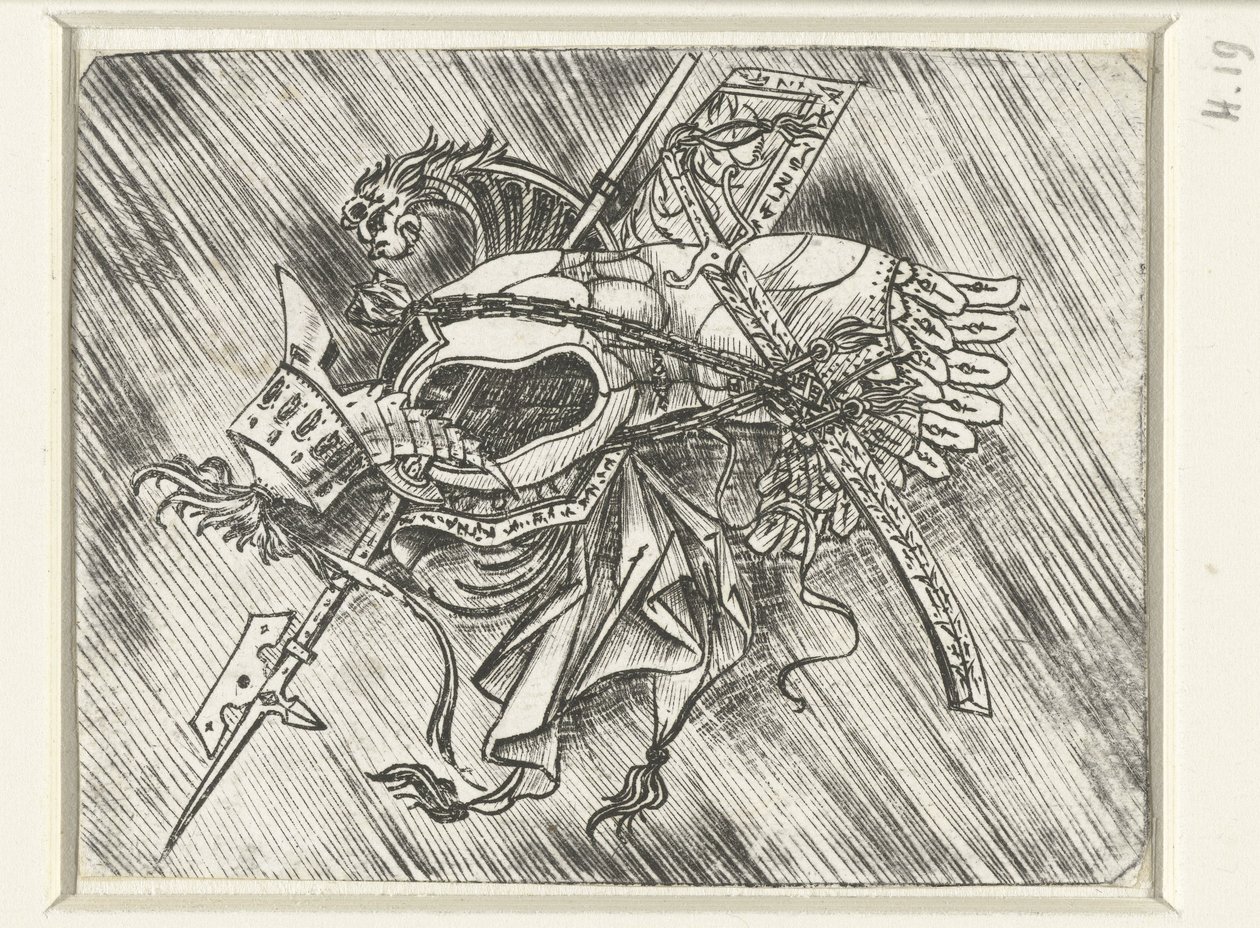 Trophy of arms including armor, helmet, and halberd by Meester van 1515