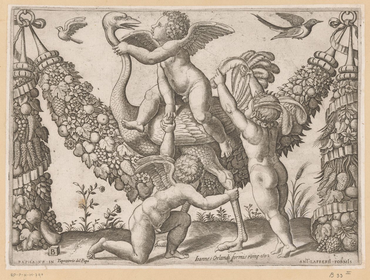Three Putti and an Ostrich by Meester van de Dobbelsteen