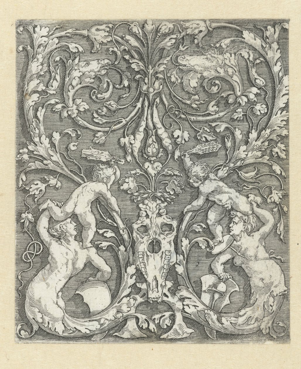 Ornament with Two Children and a Horse Skull by Meester van de Paardenhoofden