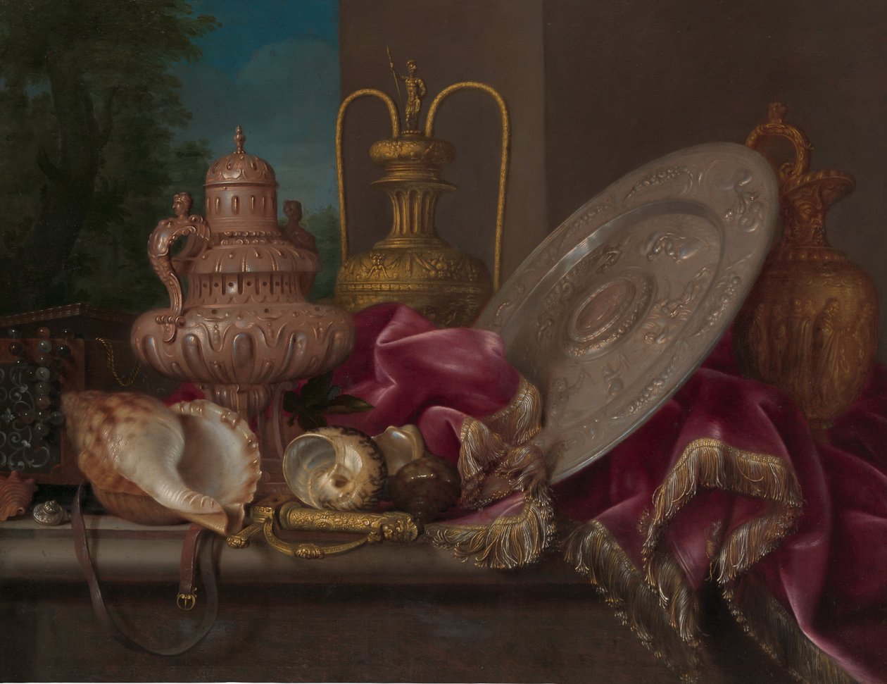 Still Life with Silver and Gold Plate, Shells, and a Sword by Meiffren Conte