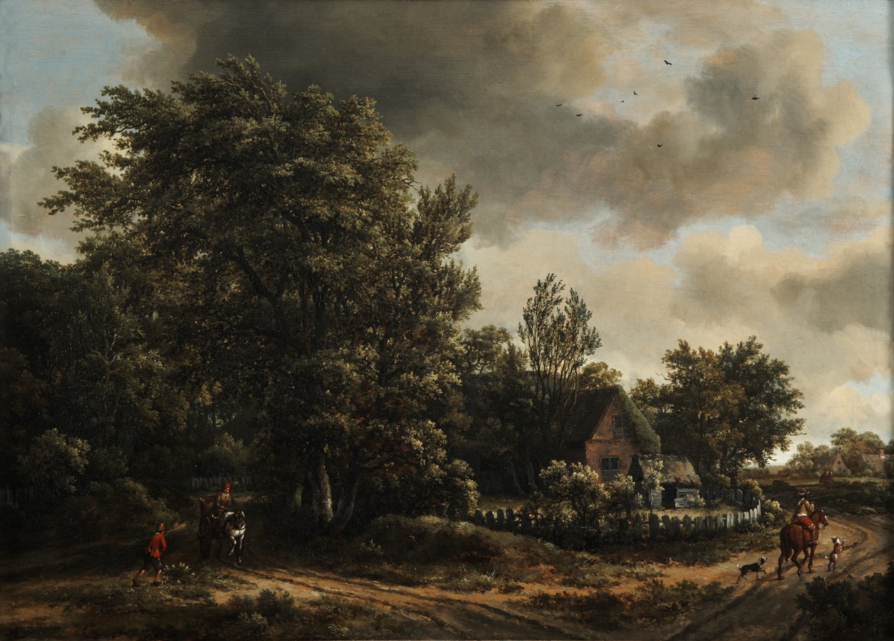 A Wooded Landscape with Travelers on a Road by Cottage by Meindert Hobbema