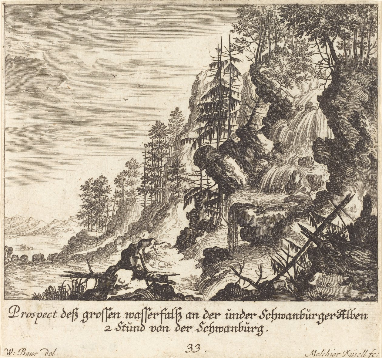 Large Waterfall, Schwanburg by Melchior Küsel after Johann Wilhelm Baur