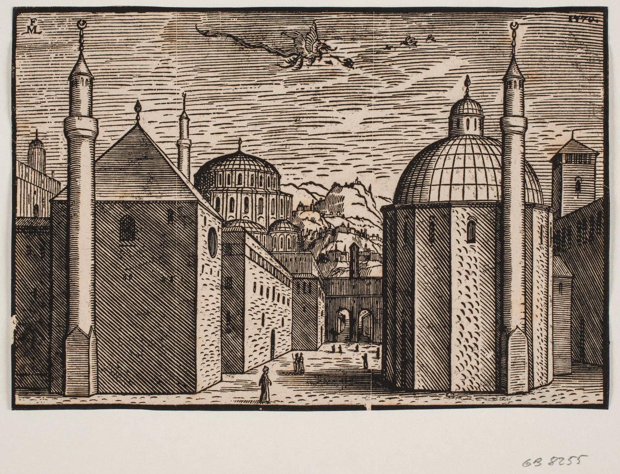 Three Mosques, Each with One Minaret; in the Sky a Flying Dragon with a Long Tail by Melchior Lorck
