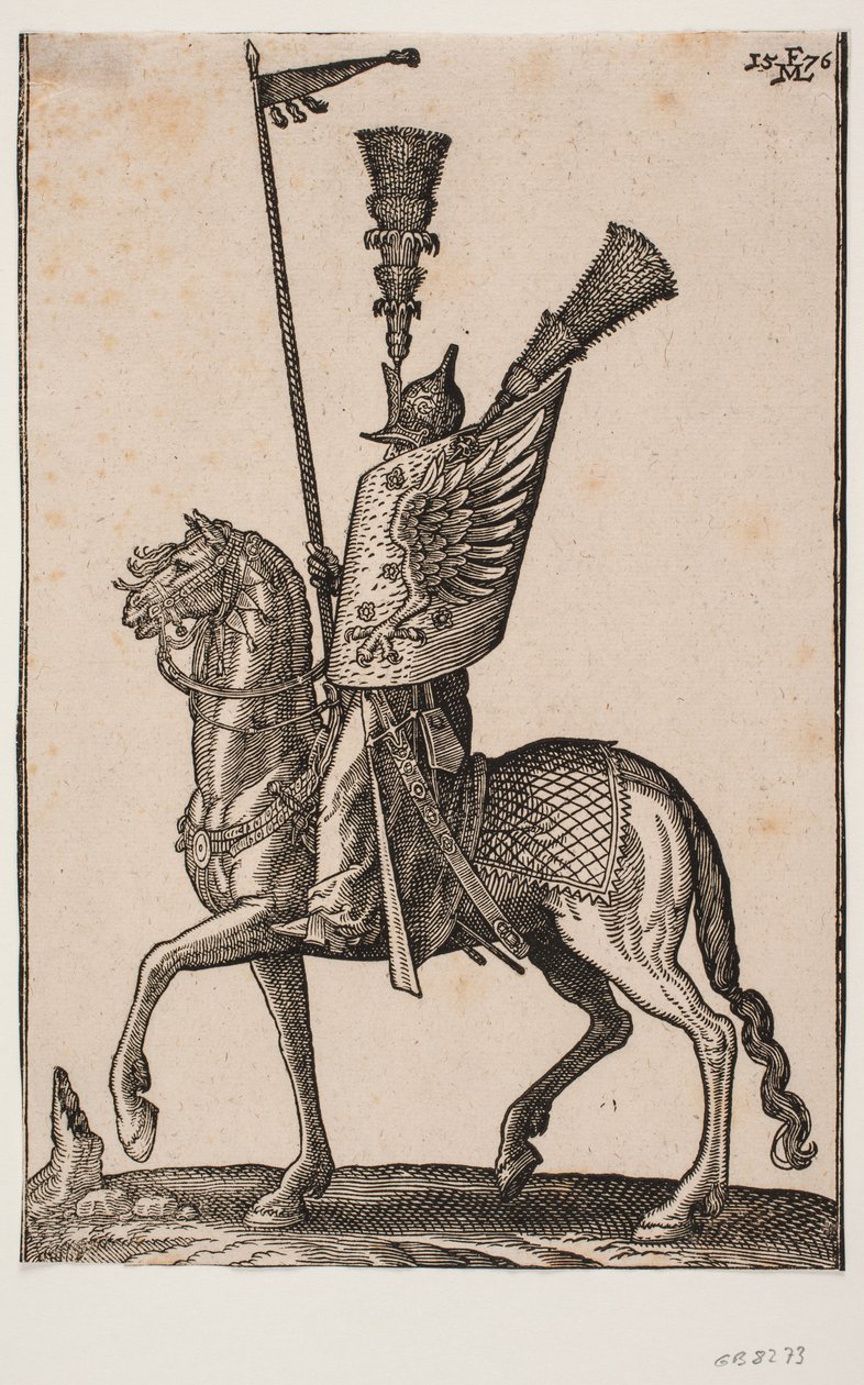 Mounted Soldier, Profile to the Left; Lance with Pennant, Metal Helmet with Very High Feather Plume, Shield with Eagle Wing and an Additional High Feather Plume by Melchior Lorck