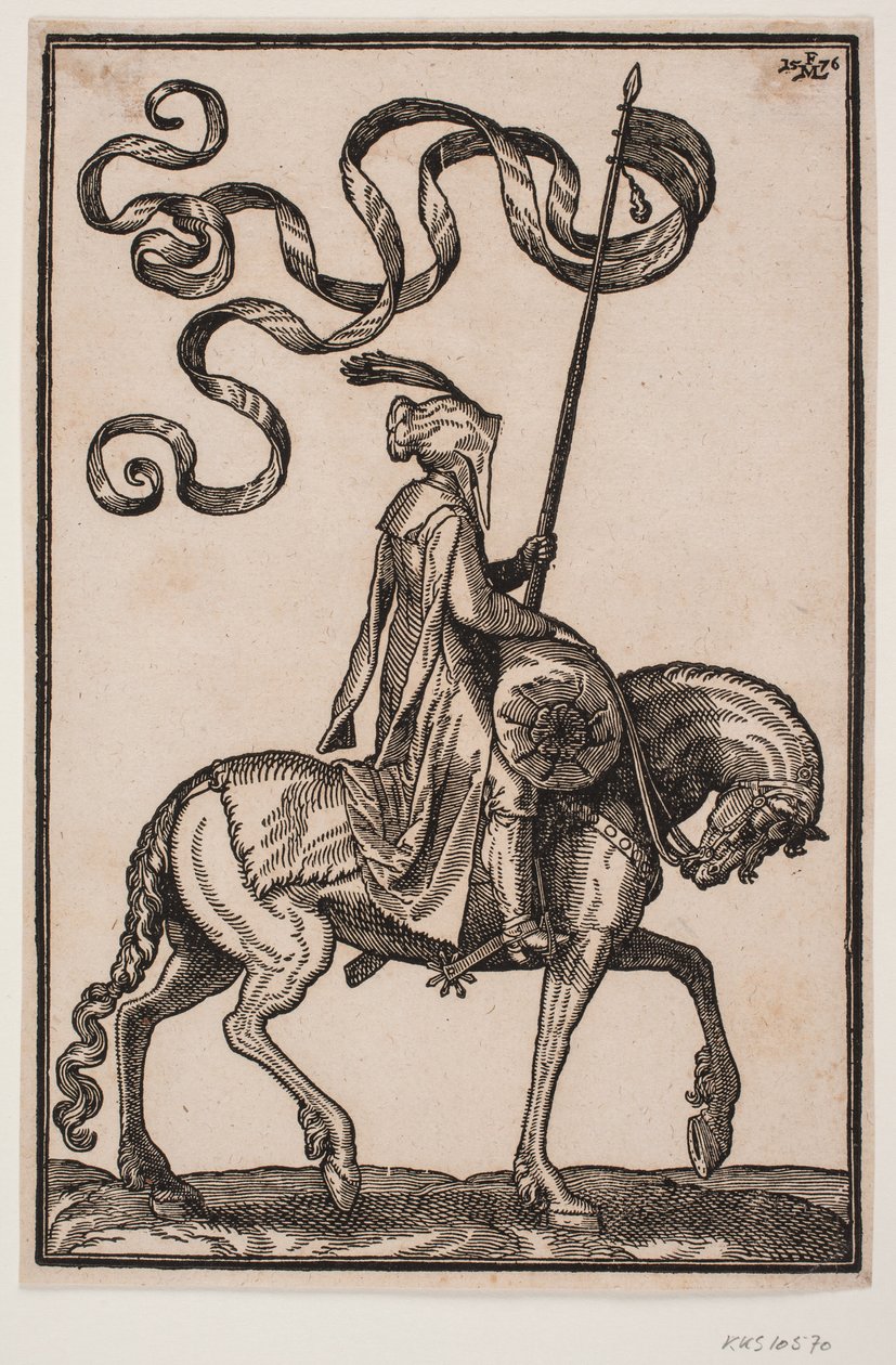 Mounted Standard Bearer, Profile to the Right; the Standard is Two-Pronged, the Rider Unarmed, with a Sausage-Shaped Baggage Sack on the Horse in Front of Him by Melchior Lorck