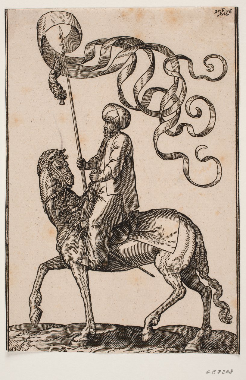Mounted standard-bearer, profile to the left; the standard is three-pointed and a feather is hung under it; his sword placed between his left leg and the horse