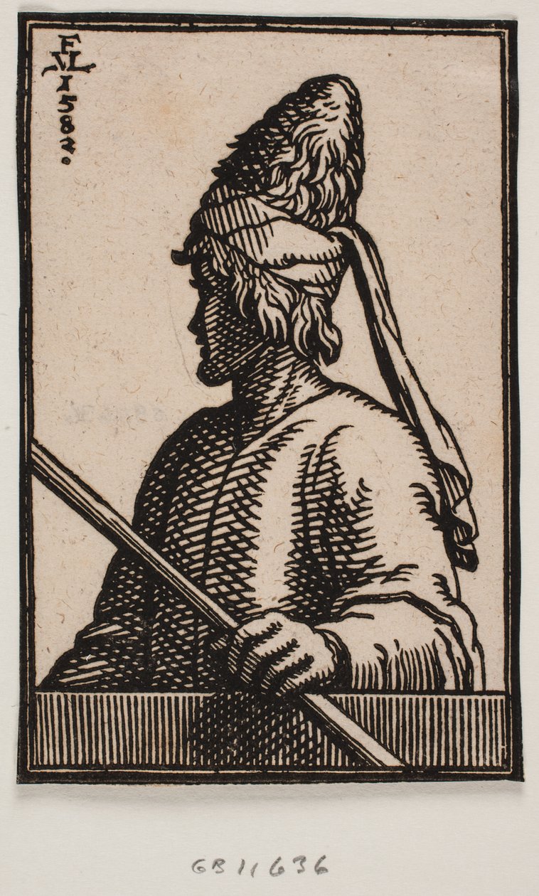 Bust of a Young Man with Pointed Hat Made of Leather, Holding a Staff in His Left Hand, Extended Over the Parapet; Shown in 3/4 Profile from the Man
