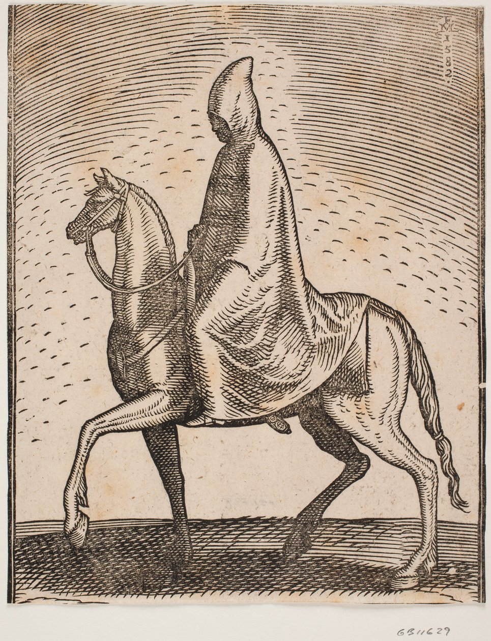 Cloak- and hat-wearing rider, profile towards the left; under his mantle, a sword can be glimpsed by Melchior Lorck