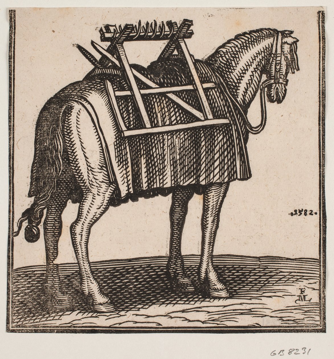 A yet unloaded packhorse with a carrying frame on its back, seen obliquely from behind to the right by Melchior Lorck