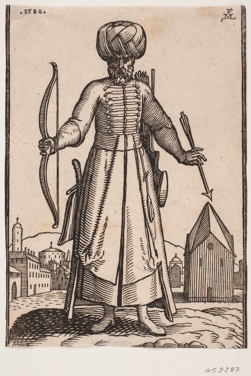 Frontally Seen Turbaned Soldier with Outstretched Arms, Standing in an Open Space in a City; in His Right Hand He Holds a Bow, in His Left an Arrow; Behind His Left Shoulder a Quiver, by His Right Side a Saber by Melchior Lorck