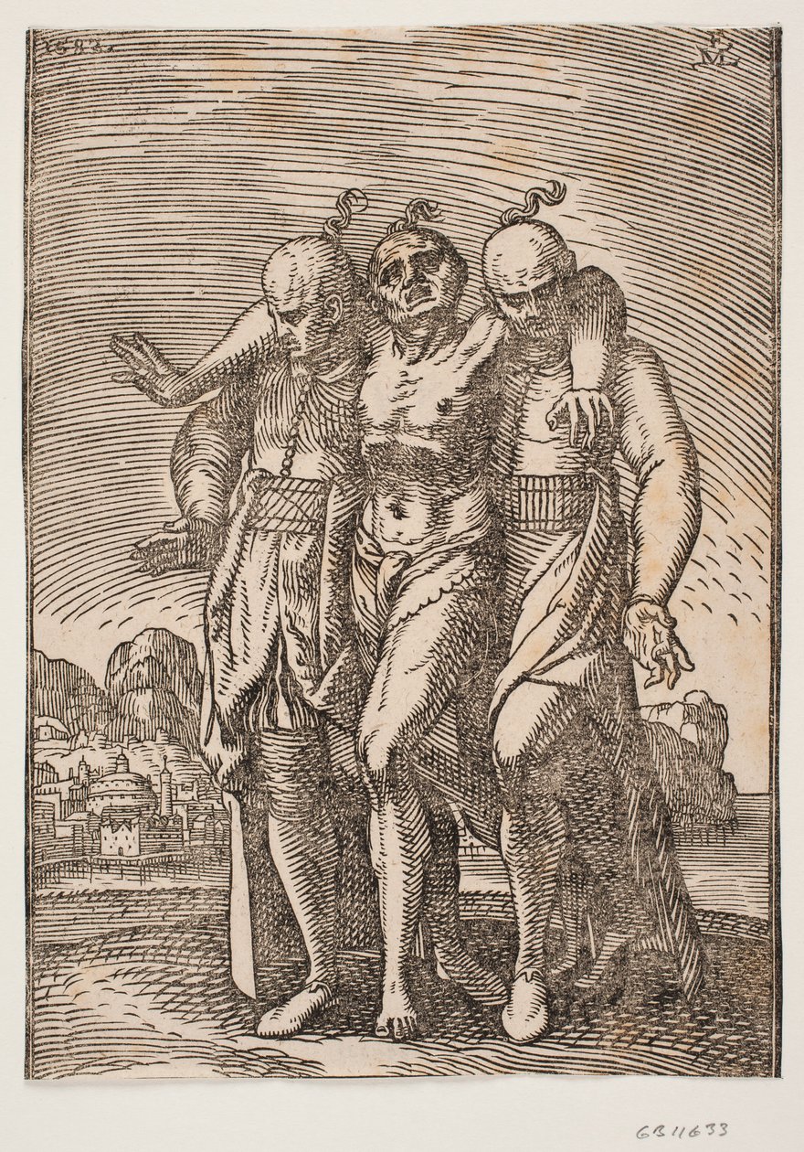 Half-clothed Man with a Pigtail at the Back of His Head; He Supports Himself by Having His Arms Around the Necks of Two Other Men; Also with Pigtails at the Backs of Their Heads by Melchior Lorck
