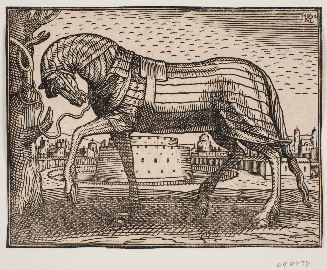 Horse Covered with Caparison, Profile to the Left, Tethered to a Tree; in the Background a Town with a Conical Castle in a Circular Moat by Melchior Lorck