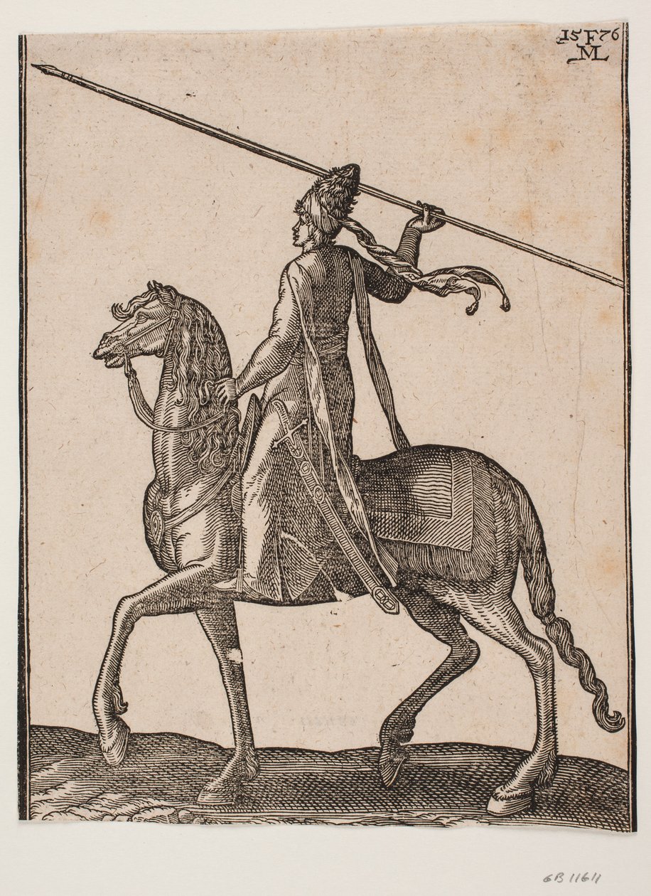 Mounted Soldier, Profile Towards the Left; in His Hand, There is a Long Spear Lifted, as if He Were in the Act of Throwing It by Melchior Lorck