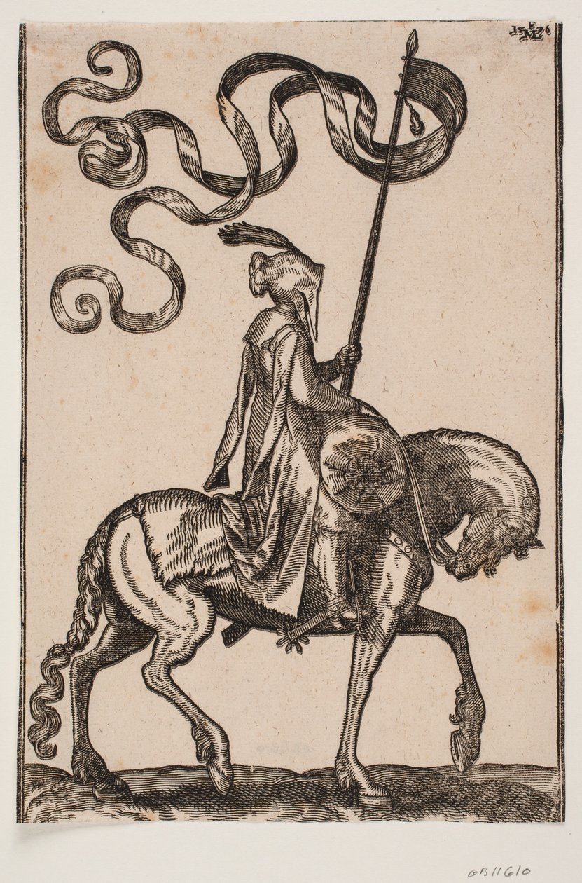 Mounted Standard-Bearer, Profile towards the Right; the Standard is Two-Tailed; the Rider is Unarmed; on the Horse
