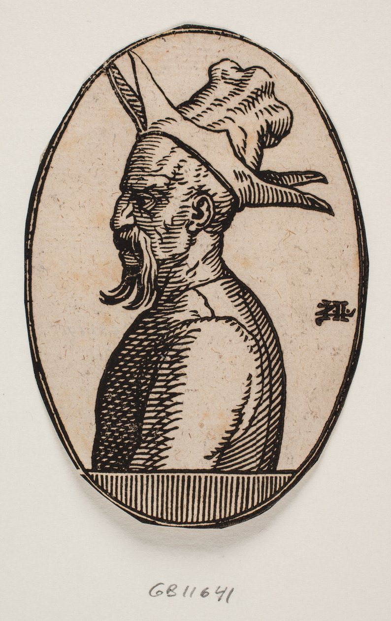 Oval Medallion with Bust of a Man with a Hanging Moustache and a Hat with Four Flaps; the Left Side of the Man