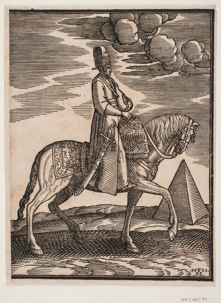 Rider with a Flask Around His Neck, Profile Towards the Right; a Sword at His Right Side and Baggage in Front of Him, Draped Across the Saddle; to the Right, in the Background, a Pyramid by Melchior Lorck