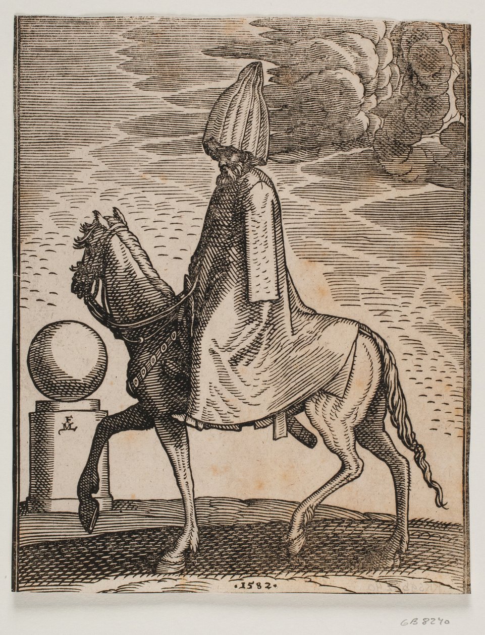 Rider Dressed in Long Coat and Pumpkin-like Headgear, Profile to the Left; Under the Cloak a Sword is Visible; Behind the Horse