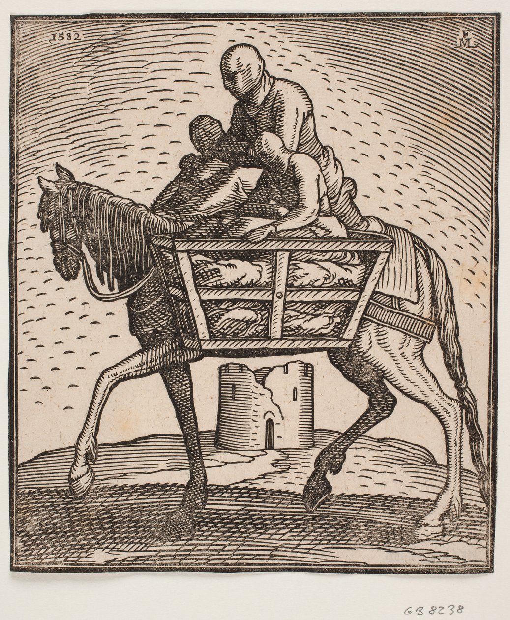 Rider with Hood Pulled Down Over Face; On Each Side of the Horse a Grate Box Containing a Person; Profile to the Left; Under the Horse a Ruined Cylindrical Tower by Melchior Lorck