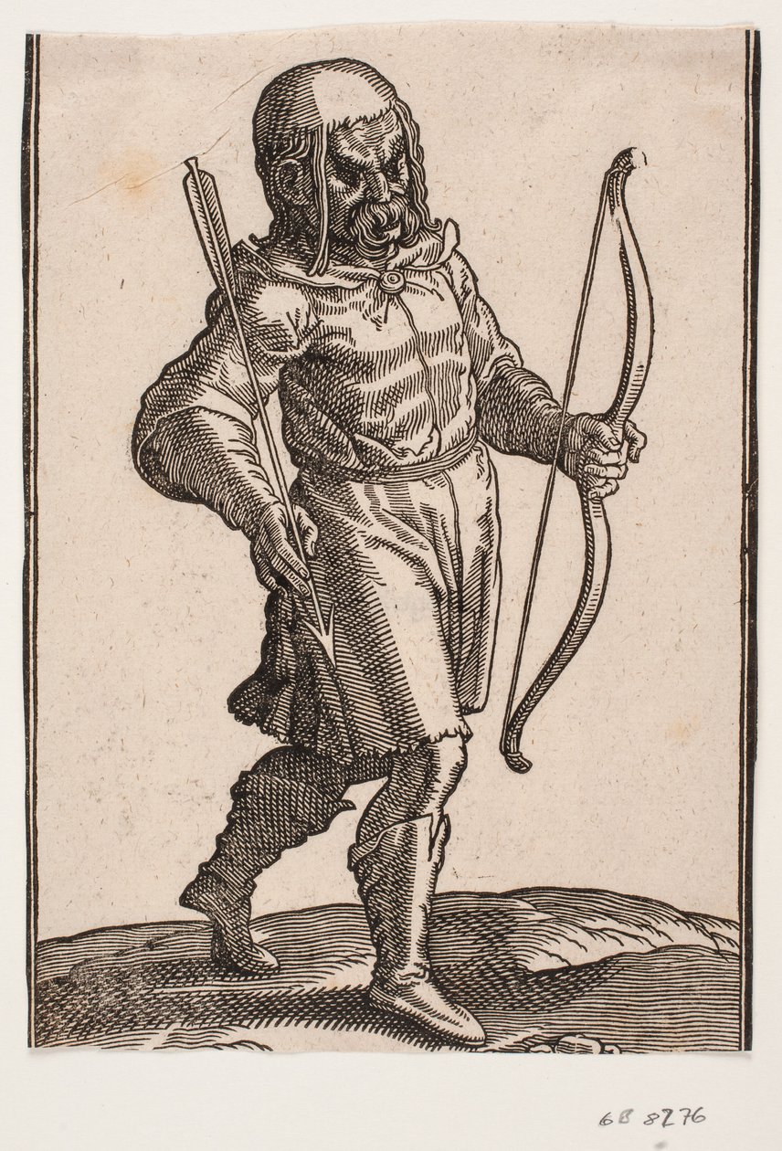 Soldier, Walking to the Right; Boots and Knee-Length Garment; in Left Hand a Bow, in Right Hand an Arrow by Melchior Lorck